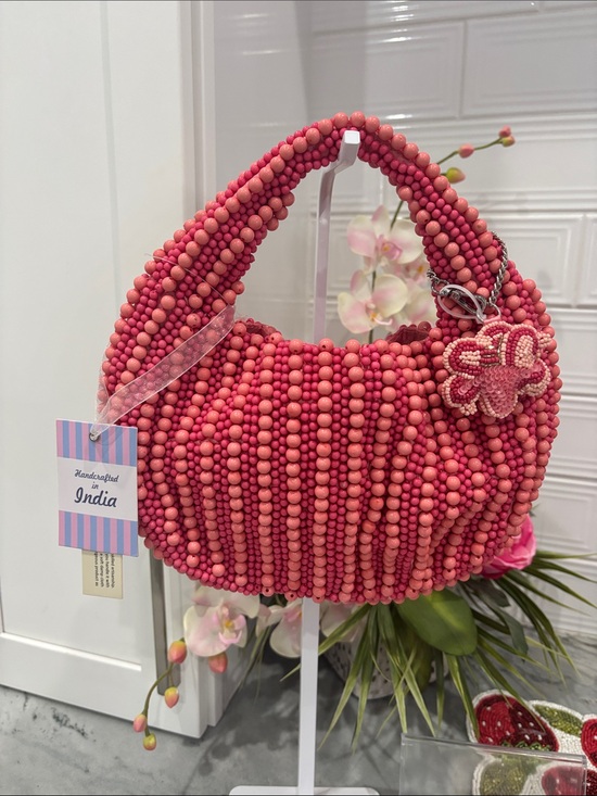 handcrafted in India Handbags - Viral hand beaded bag Handcrafted Pink Bag with Floral Charm